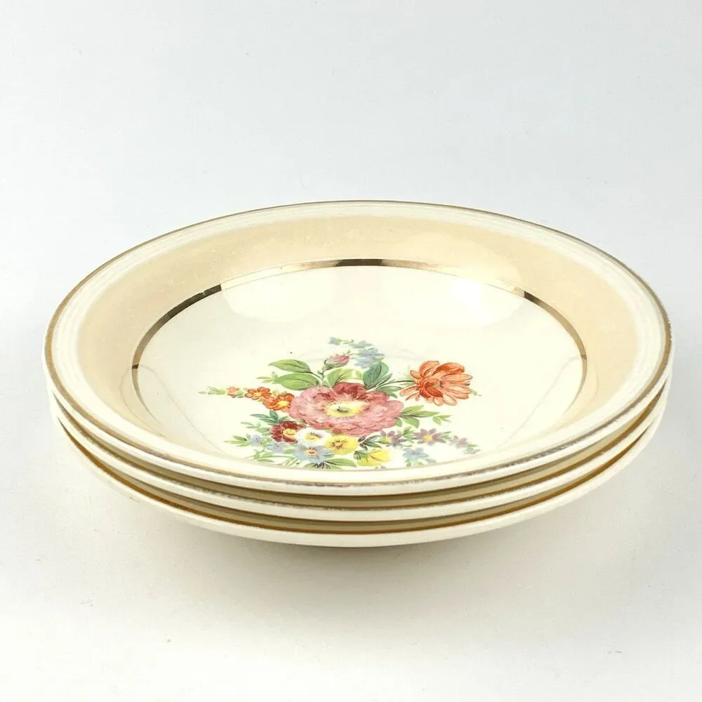Vintage Edwin M. Knowles China Co. Semi-Vitreous Tan Gold Trim Ceramic 3 Bowls